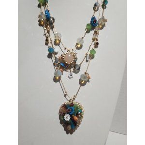 Betsey Johnson Woven Mixed Multi-Colored Bead Flower Heart Illusion Necklace NWT